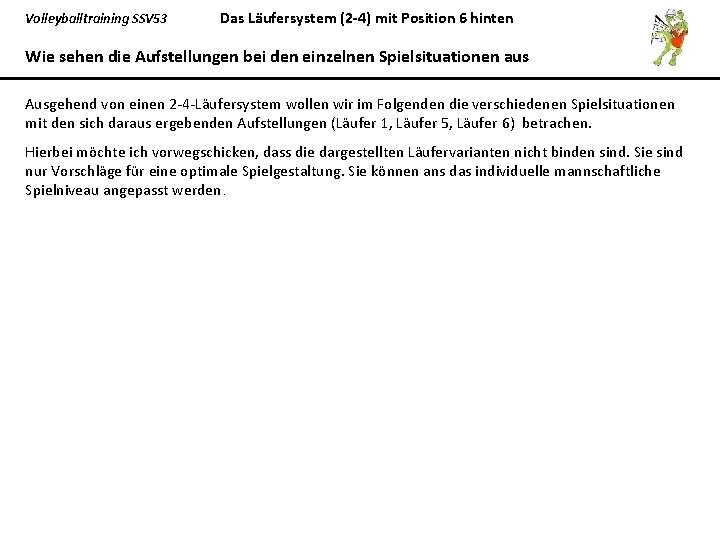 Volleyballtraining SSV 53 Das Läufersystem (2 -4) mit Position 6 hinten Wie sehen die