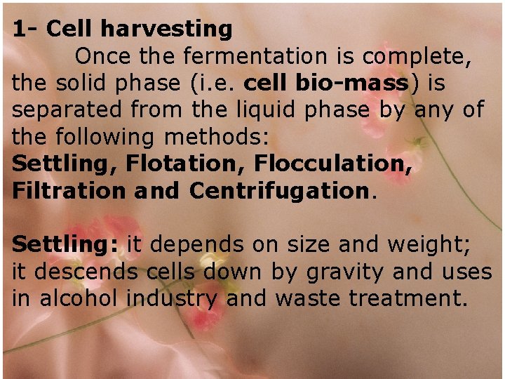 1 - Cell harvesting Once the fermentation is complete, the solid phase (i. e.