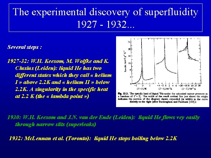 The experimental discovery of superfluidity 1927 - 1932. . . Several steps : 1927