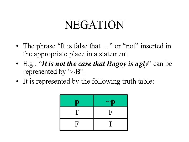 NEGATION • The phrase “It is false that …” or “not” inserted in the