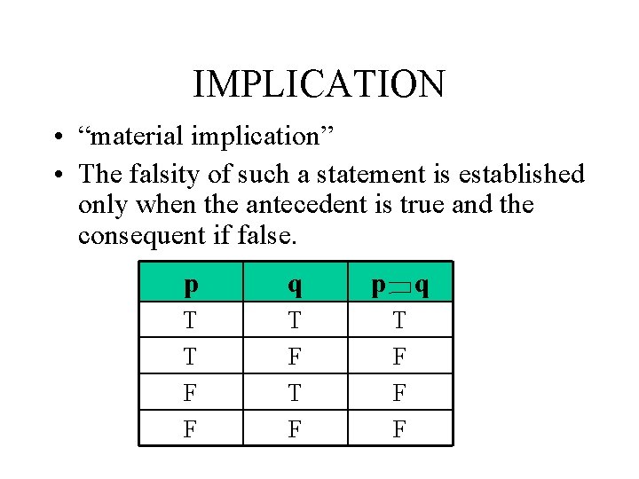 IMPLICATION • “material implication” • The falsity of such a statement is established only