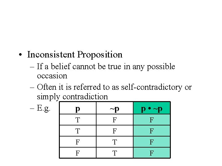  • Inconsistent Proposition – If a belief cannot be true in any possible