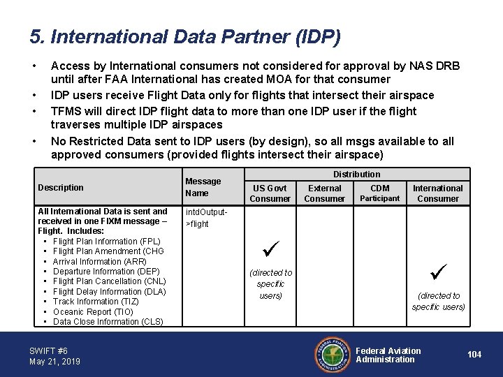 5. International Data Partner (IDP) • • Access by International consumers not considered for