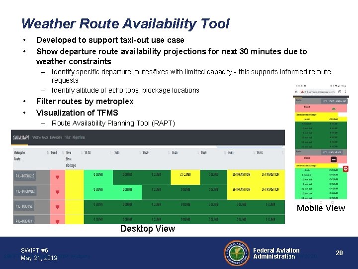 Weather Route Availability Tool • • Developed to support taxi-out use case Show departure