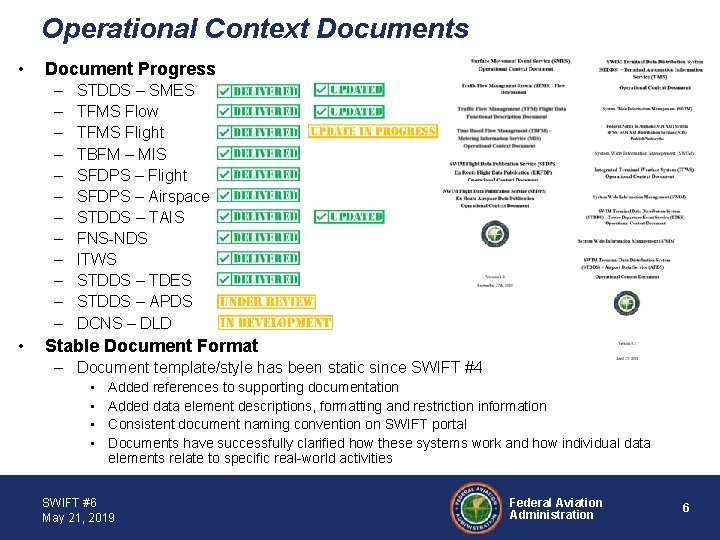 Operational Context Documents • Document Progress – – – • STDDS – SMES TFMS