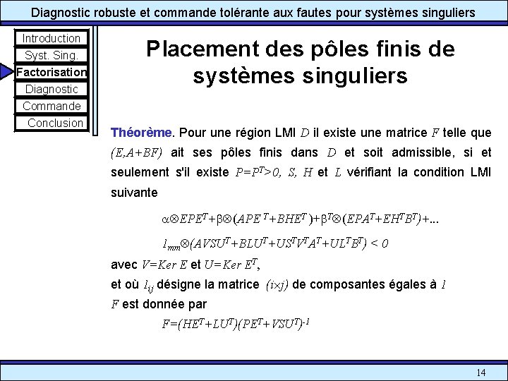 Diagnostic robuste et commande tolérante aux fautes pour systèmes singuliers Introduction Syst. Sing. Factorisation