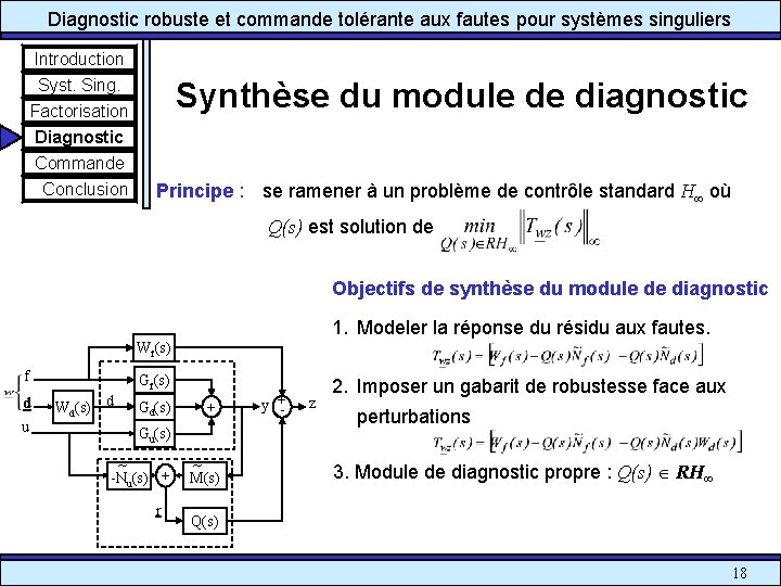 Diagnostic robuste et commande tolérante aux fautes pour systèmes singuliers Introduction Syst. Sing. Factorisation