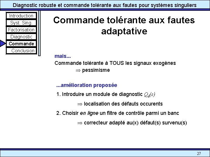 Diagnostic robuste et commande tolérante aux fautes pour systèmes singuliers Introduction Syst. Sing. Factorisation