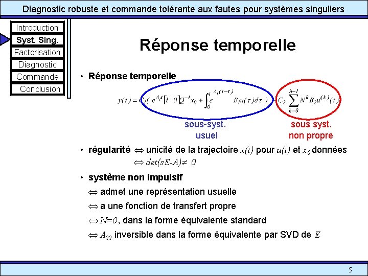 Diagnostic robuste et commande tolérante aux fautes pour systèmes singuliers Introduction Syst. Sing. Factorisation