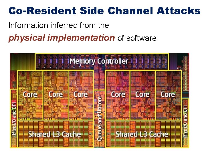 Co-Resident Side Channel Attacks Information inferred from the physical implementation of software 