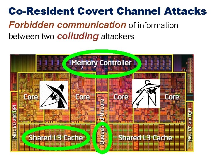 Co-Resident Covert Channel Attacks Forbidden communication of information between two colluding attackers 