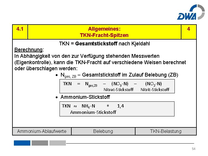 4. 1 Allgemeines: TKN-Fracht-Spitzen 4 TKN = Gesamtstickstoff nach Kjeldahl Berechnung: In Abhängigkeit von