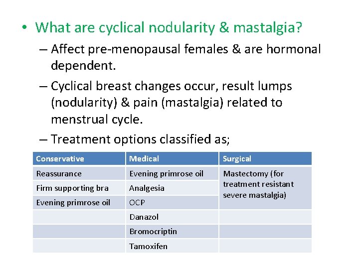  • What are cyclical nodularity & mastalgia? – Affect pre-menopausal females & are