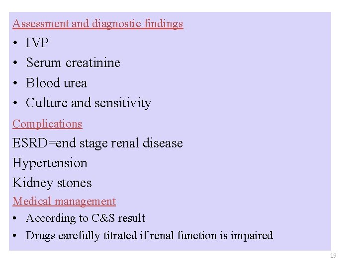 Assessment and diagnostic findings • • IVP Serum creatinine Blood urea Culture and sensitivity Assessment and diagnostic findings • • IVP Serum creatinine Blood urea Culture and sensitivity