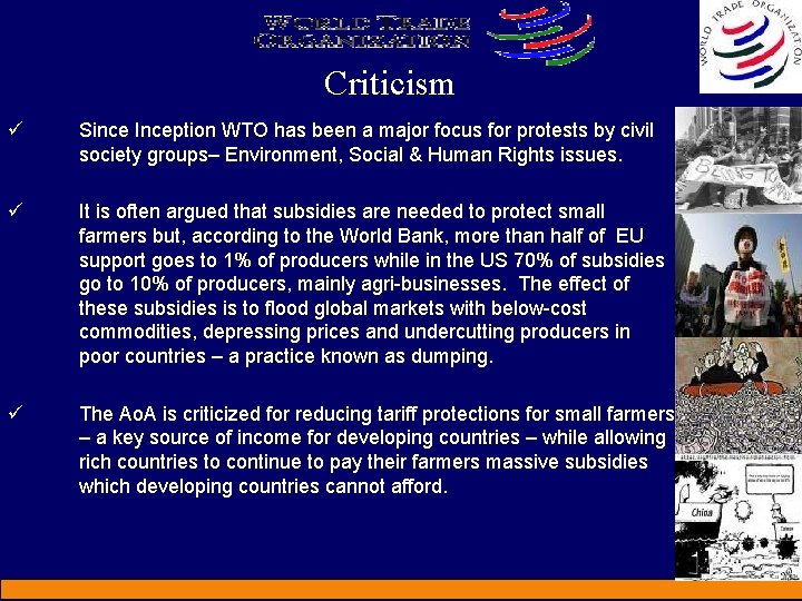 Criticism ü Since Inception WTO has been a major focus for protests by civil