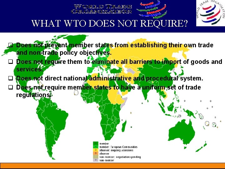 WHAT WTO DOES NOT REQUIRE? q Does not prevent member states from establishing their
