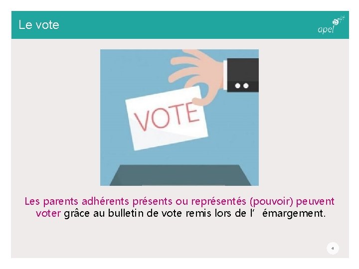 Le vote Les parents adhérents présents ou représentés (pouvoir) peuvent voter grâce au bulletin