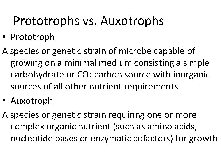 Prototrophs vs. Auxotrophs • Prototroph A species or genetic strain of microbe capable of