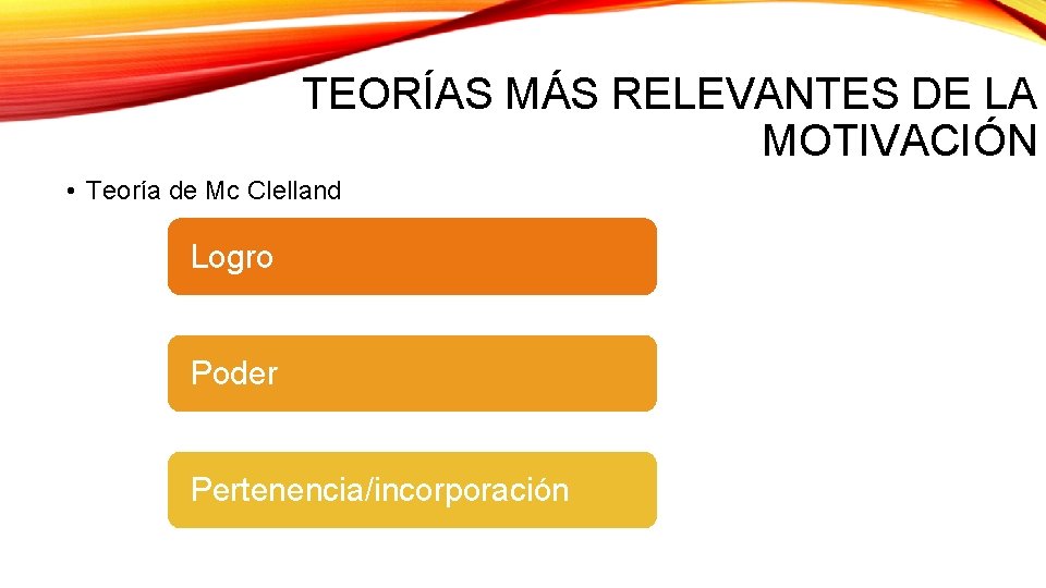 TEORÍAS MÁS RELEVANTES DE LA MOTIVACIÓN • Teoría de Mc Clelland Logro Poder Pertenencia/incorporación