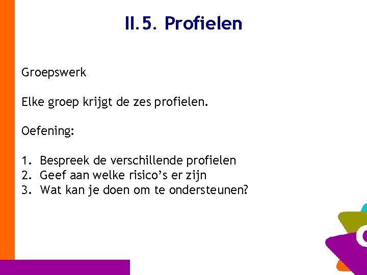 II. 5. Profielen Groepswerk Elke groep krijgt de zes profielen. Oefening: 1. Bespreek de