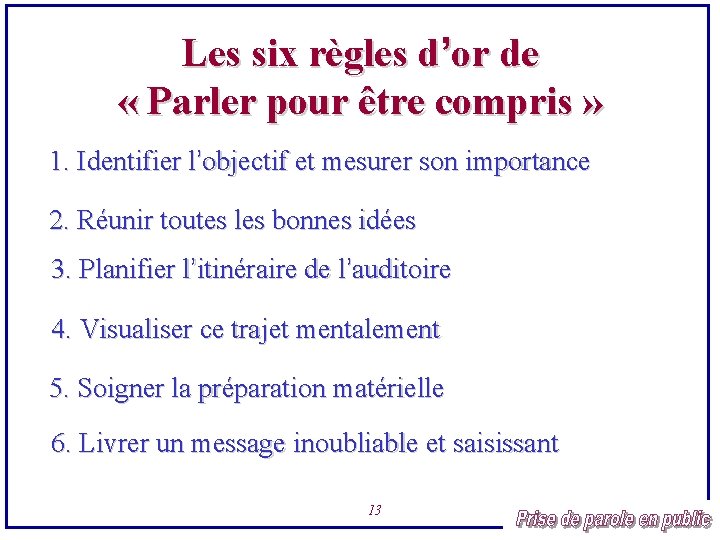 Les six règles d’or de « Parler pour être compris » 1. Identifier l’objectif