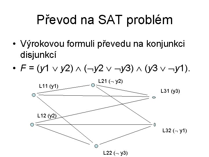 Převod na SAT problém • Výrokovou formuli převedu na konjunkci disjunkcí • F =