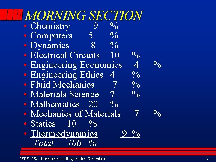 MORNING SECTION • • • Chemistry 9 % Computers 5 % Dynamics 8 %