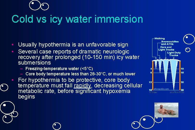 Cold vs icy water immersion • Usually hypothermia is an unfavorable sign • Several