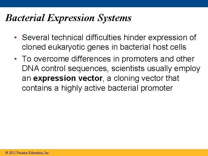 Bacterial Expression Systems • Several technical difficulties hinder expression of cloned eukaryotic genes in