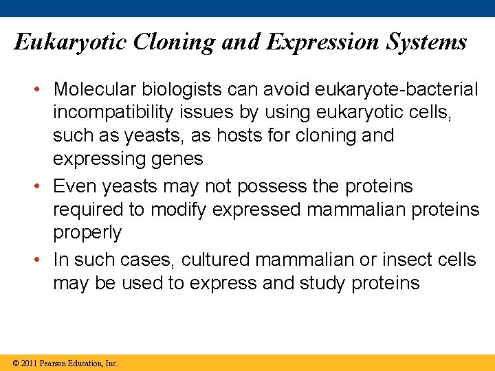 Eukaryotic Cloning and Expression Systems • Molecular biologists can avoid eukaryote-bacterial incompatibility issues by