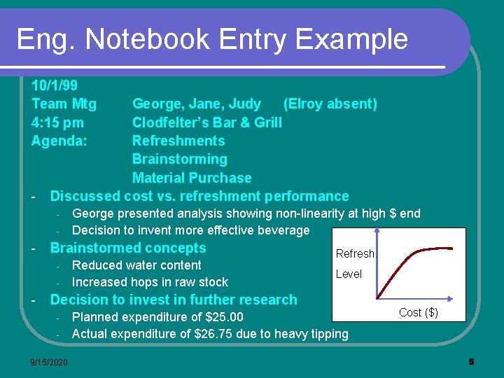 Eng. Notebook Entry Example 10/1/99 Team Mtg 4: 15 pm Agenda: - George, Jane,