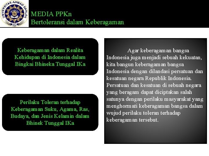 MEDIA PPKn Bertoleransi dalam Keberagaman dalam Realita Kehidupan di Indonesia dalam Bingkai Bhineka Tunggal