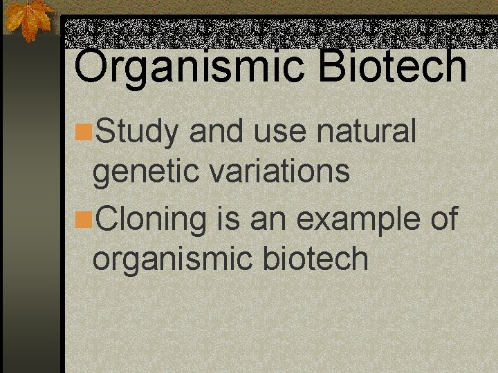 Organismic Biotech n. Study and use natural genetic variations n. Cloning is an example