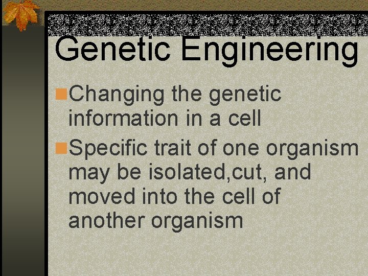 Genetic Engineering n. Changing the genetic information in a cell n. Specific trait of