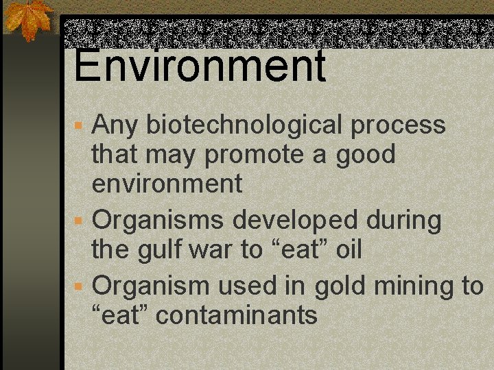 Environment § Any biotechnological process that may promote a good environment § Organisms developed