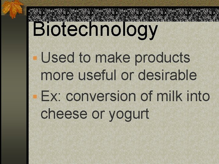 Biotechnology § Used to make products more useful or desirable § Ex: conversion of