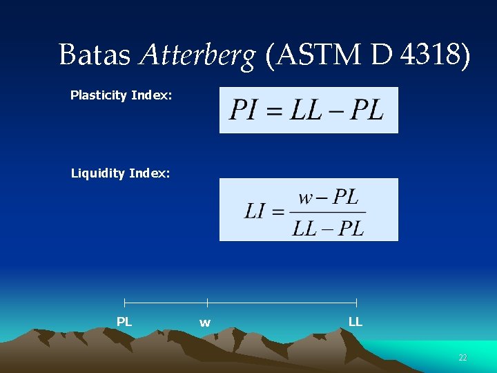 Batas Atterberg (ASTM D 4318) Plasticity Index: Liquidity Index: PL w LL 22 