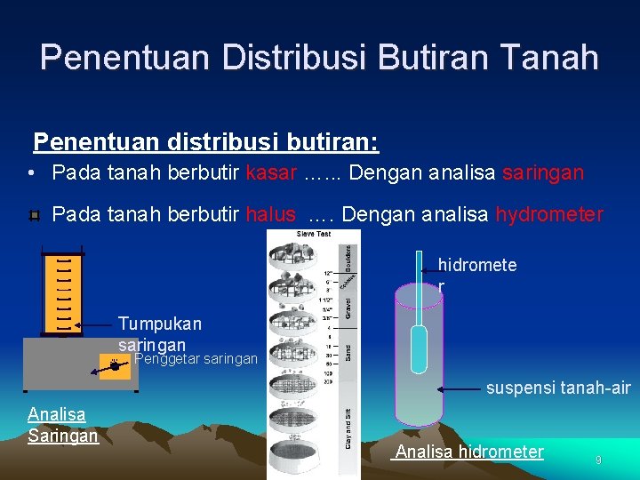 Penentuan Distribusi Butiran Tanah Penentuan distribusi butiran: • Pada tanah berbutir kasar …. .