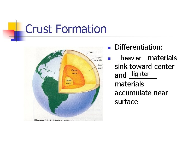 Crust Formation n n Differentiation: -_______ heavier materials sink toward center lighter and _______