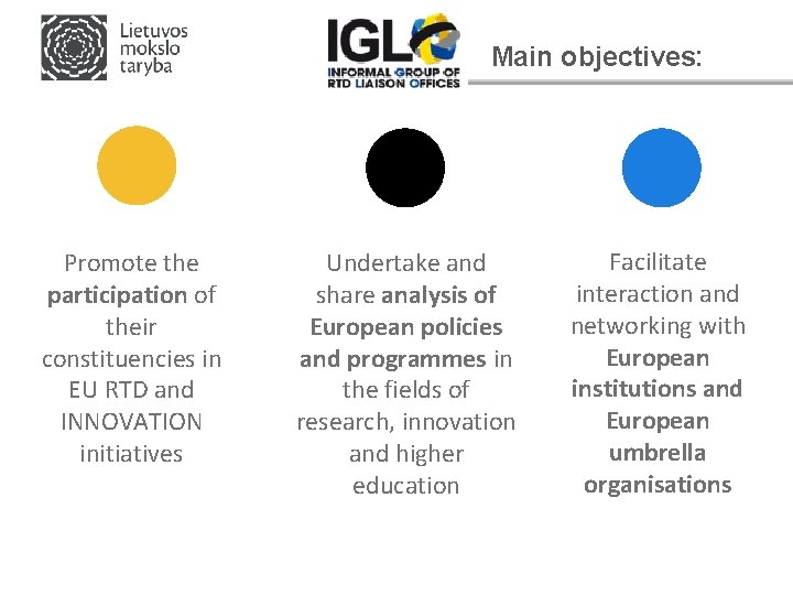 Main objectives: Promote the participation of their constituencies in EU RTD and INNOVATION initiatives