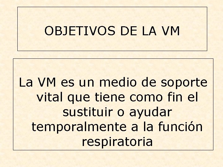 OBJETIVOS DE LA VM La VM es un medio de soporte vital que tiene