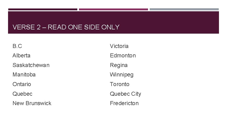 VERSE 2 – READ ONE SIDE ONLY B. C Victoria Alberta Edmonton Saskatchewan Regina