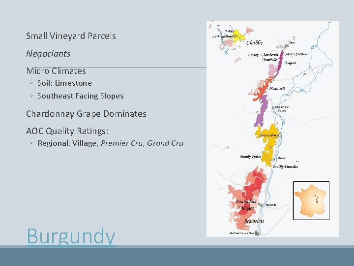  Small Vineyard Parcels Négociants Micro Climates ◦ Soil: Limestone ◦ Southeast Facing Slopes