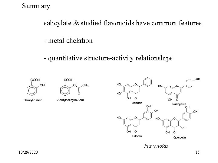Summary salicylate & studied flavonoids have common features - metal chelation - quantitative structure-activity