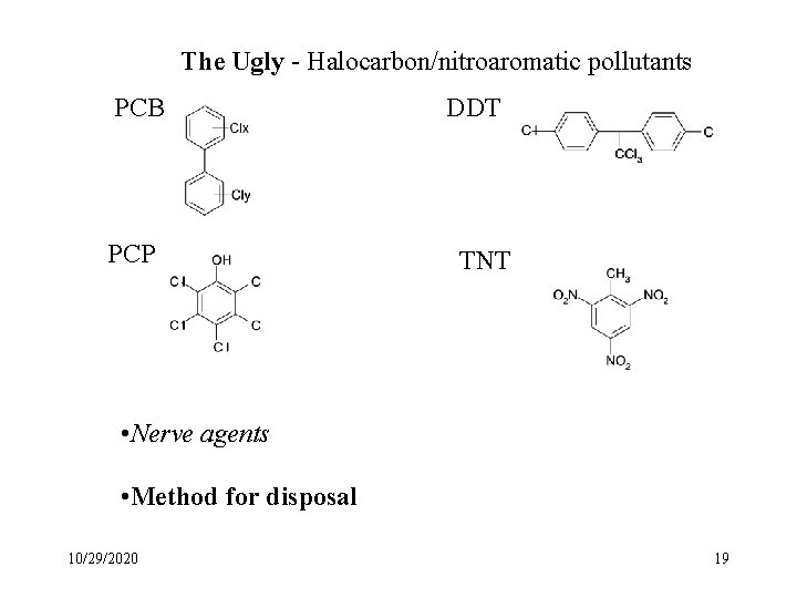 The Ugly - Halocarbon/nitroaromatic pollutants PCB PCP DDT TNT • Nerve agents • Method