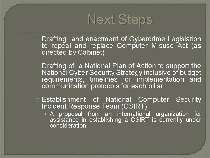 Next Steps � Drafting and enactment of Cybercrime Legislation to repeal and replace Computer