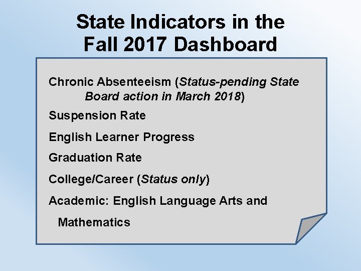 State Indicators in the Fall 2017 Dashboard Chronic Absenteeism (Status-pending State Board action in