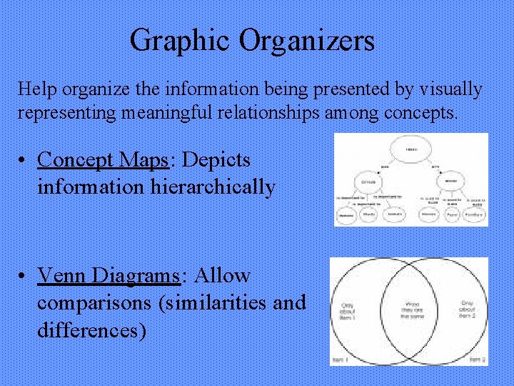 Graphic Organizers Help organize the information being presented by visually representing meaningful relationships among
