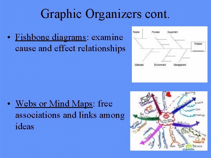 Graphic Organizers cont. • Fishbone diagrams: examine cause and effect relationships • Webs or