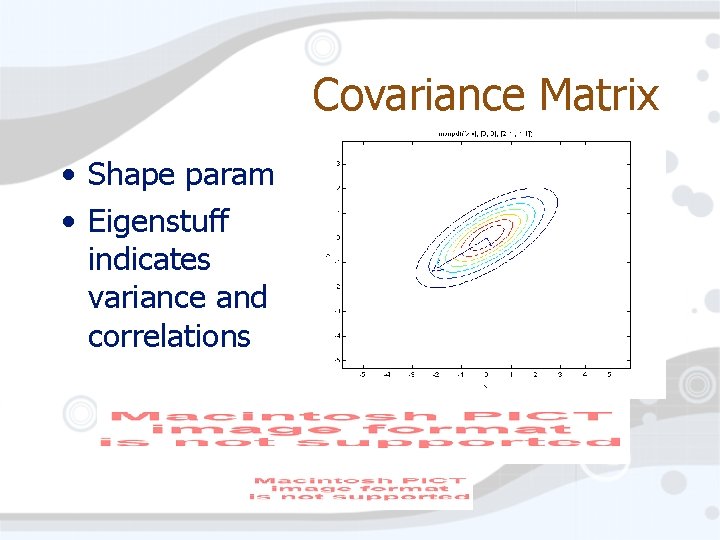 Covariance Matrix • Shape param • Eigenstuff indicates variance and correlations 